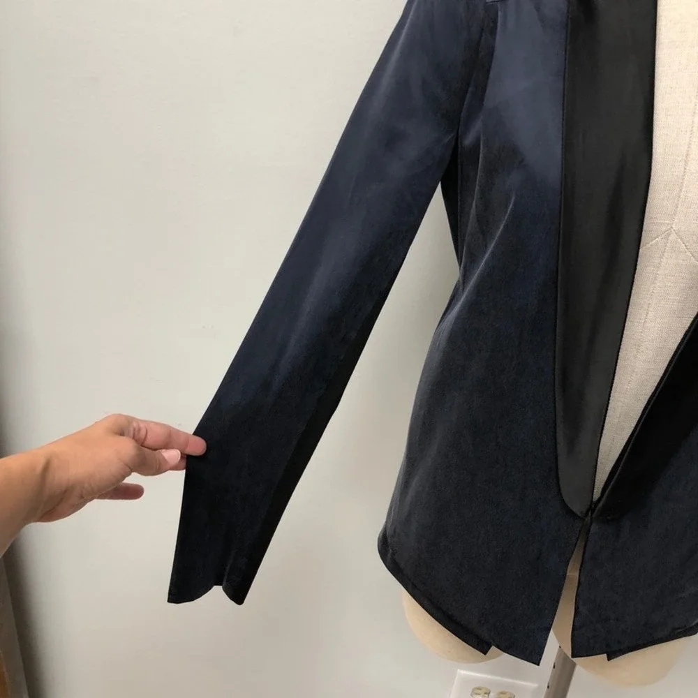 L.A.M.B. Blazer Womens 2 Navy Blue Silk Tuxedo Shawl Lapel Open Front Career